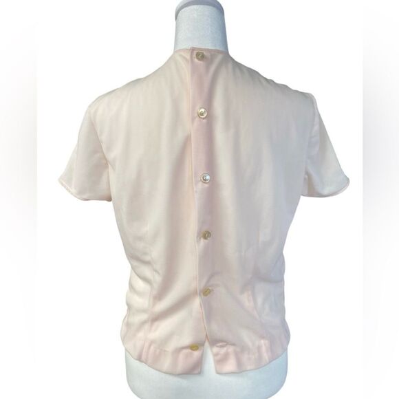 Vintage Pink Chiffon and Nylon Pleated Floral Short Sleeve Blouse Size Small - Picture 3 of 9